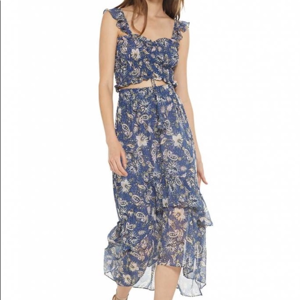 Misa Los Angeles Blue Paisley Ruffle Crop Top